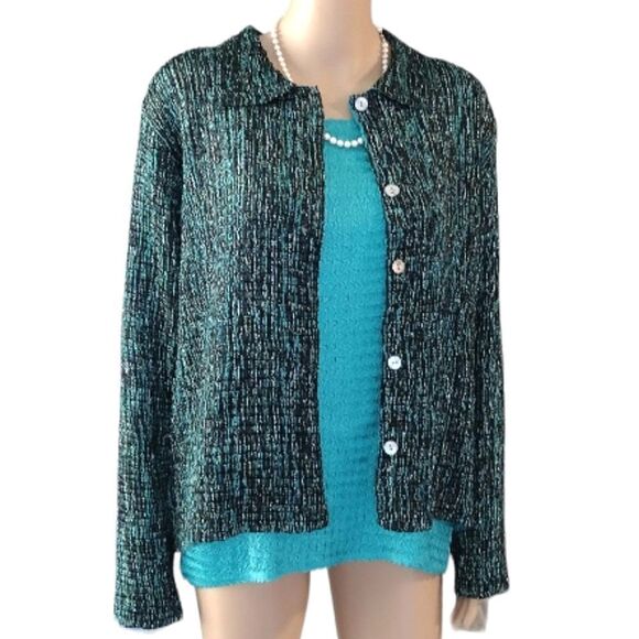 Women's Stretchy Popcorn Texture Reversible Tank & Button up Jacket Dark Teal - Picture 1 of 12